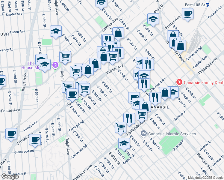 map of restaurants, bars, coffee shops, grocery stores, and more near 574 East 87th Street in Brooklyn