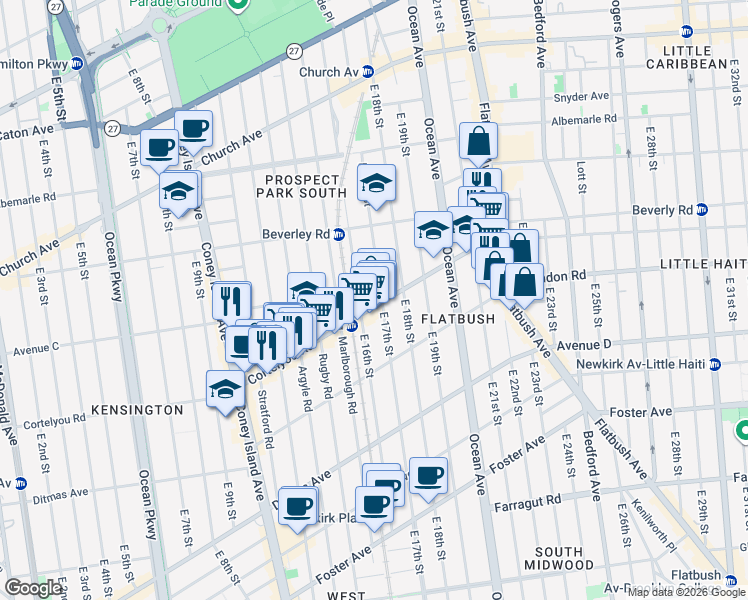 map of restaurants, bars, coffee shops, grocery stores, and more near 333 East 16th Street in Brooklyn