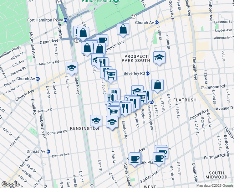 map of restaurants, bars, coffee shops, grocery stores, and more near 253 Stratford Road in Brooklyn