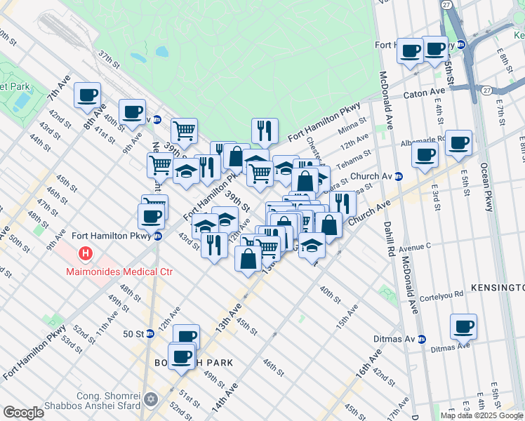map of restaurants, bars, coffee shops, grocery stores, and more near 1205 38th Street in Brooklyn
