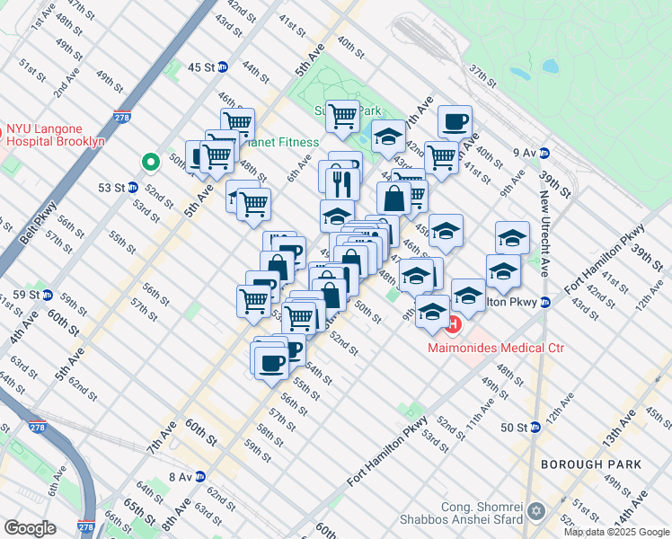 map of restaurants, bars, coffee shops, grocery stores, and more near 745 49th Street in Brooklyn