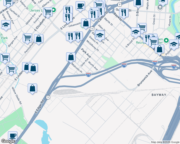 map of restaurants, bars, coffee shops, grocery stores, and more near 1800 Klem Avenue in Linden