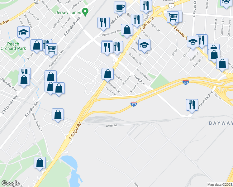 map of restaurants, bars, coffee shops, grocery stores, and more near 709 Louis Avenue in Linden