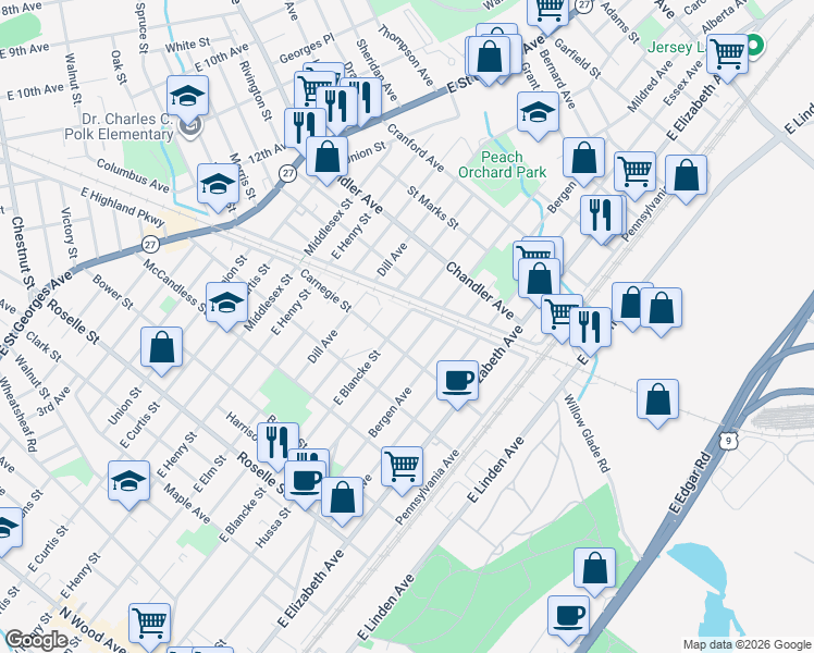 map of restaurants, bars, coffee shops, grocery stores, and more near 1016 Monmouth Avenue in Linden