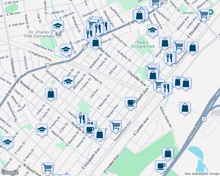map of restaurants, bars, coffee shops, grocery stores, and more near 1016 Monmouth Avenue in Linden