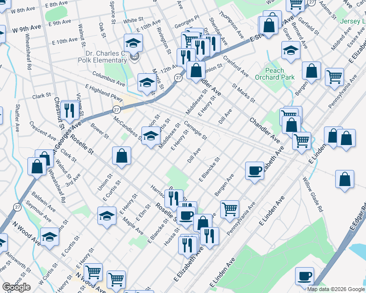 map of restaurants, bars, coffee shops, grocery stores, and more near 920 East Henry Street in Linden