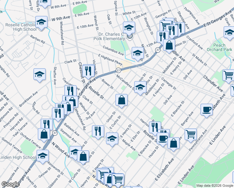 map of restaurants, bars, coffee shops, grocery stores, and more near 711-715 Cleveland Avenue in Linden