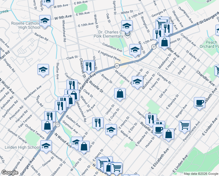 map of restaurants, bars, coffee shops, grocery stores, and more near 1413 Bower Street in Linden