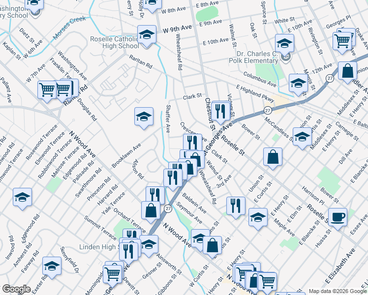 map of restaurants, bars, coffee shops, grocery stores, and more near 229 Audrey Terrace in Roselle