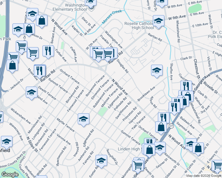 map of restaurants, bars, coffee shops, grocery stores, and more near 22 Robbinwood Terrace in Linden