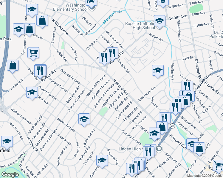 map of restaurants, bars, coffee shops, grocery stores, and more near 22 Robbinwood Terrace in Linden