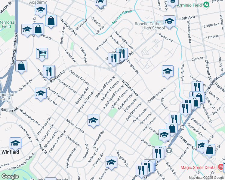 map of restaurants, bars, coffee shops, grocery stores, and more near 48 Elmwood Terrace in Linden