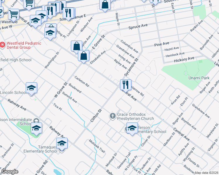 map of restaurants, bars, coffee shops, grocery stores, and more near 1030 Central Avenue in Westfield