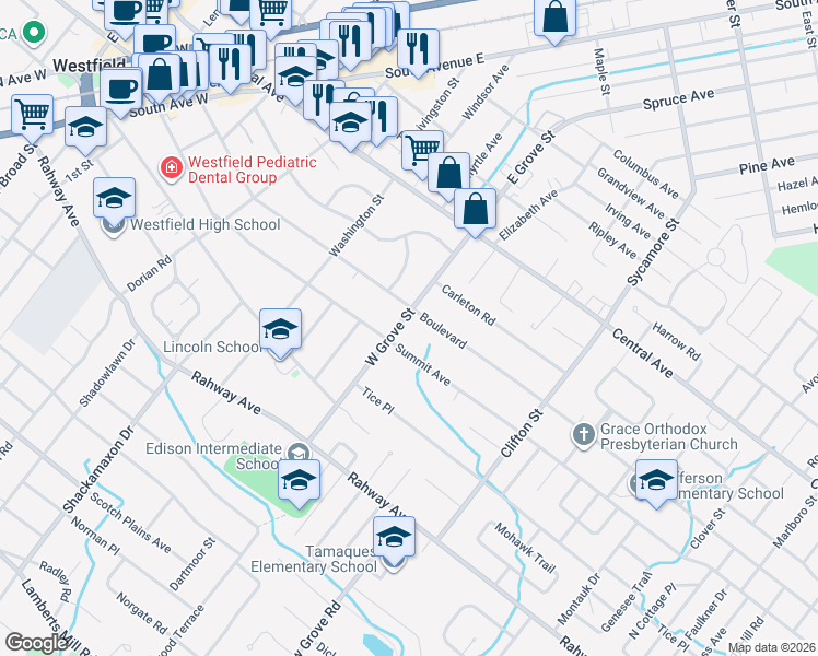 map of restaurants, bars, coffee shops, grocery stores, and more near 803 Boulevard in Westfield