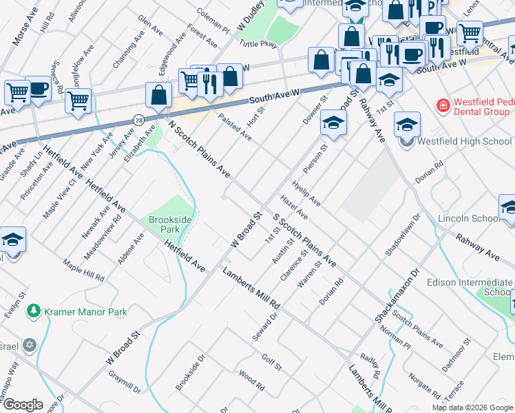 map of restaurants, bars, coffee shops, grocery stores, and more near 650 West Broad Street in Westfield