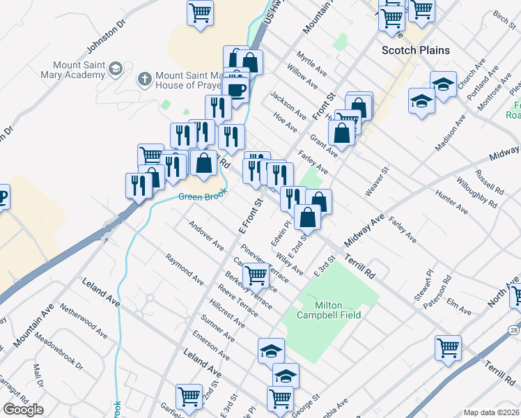 map of restaurants, bars, coffee shops, grocery stores, and more near in Plainfield