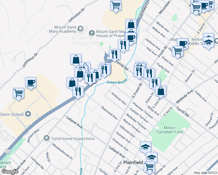 map of restaurants, bars, coffee shops, grocery stores, and more near 1367 Milton Place in Plainfield