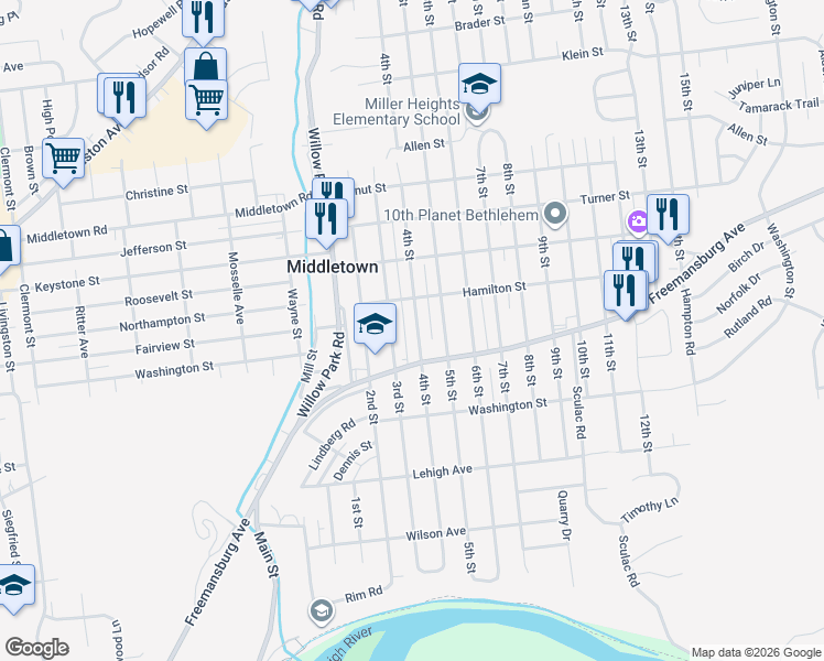 map of restaurants, bars, coffee shops, grocery stores, and more near 1852 3rd Street in Bethlehem
