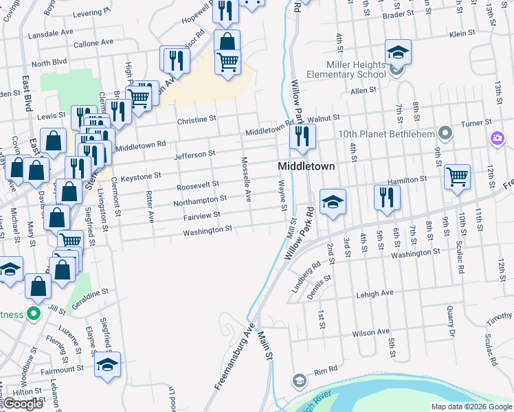 map of restaurants, bars, coffee shops, grocery stores, and more near 1921 Mosselle Avenue in Bethlehem