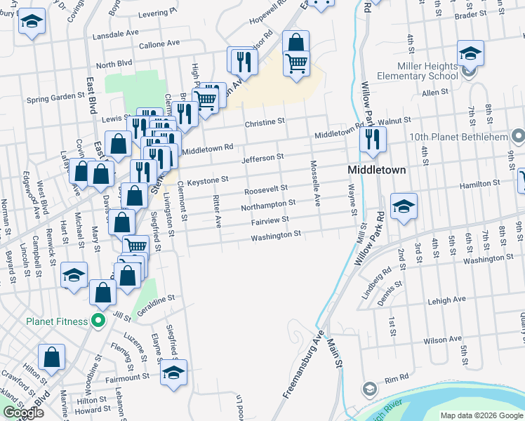 map of restaurants, bars, coffee shops, grocery stores, and more near 2929 Northampton Street in Bethlehem