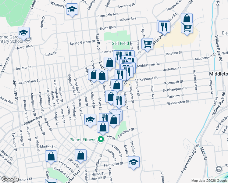 map of restaurants, bars, coffee shops, grocery stores, and more near 2103 Boyd Street in Bethlehem