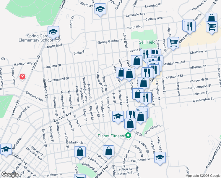 map of restaurants, bars, coffee shops, grocery stores, and more near 2124 West Boulevard in Bethlehem
