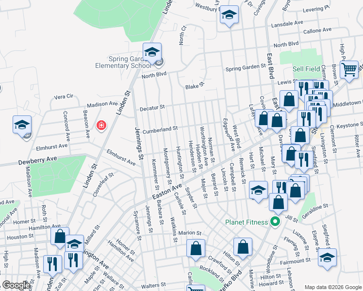 map of restaurants, bars, coffee shops, grocery stores, and more near 2117 Henderson Street in Bethlehem