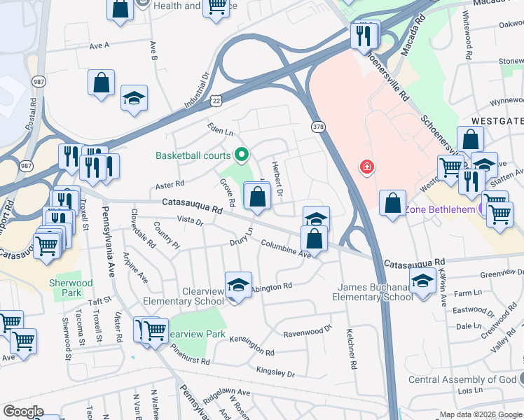 map of restaurants, bars, coffee shops, grocery stores, and more near 2129 Allwood Drive in Bethlehem