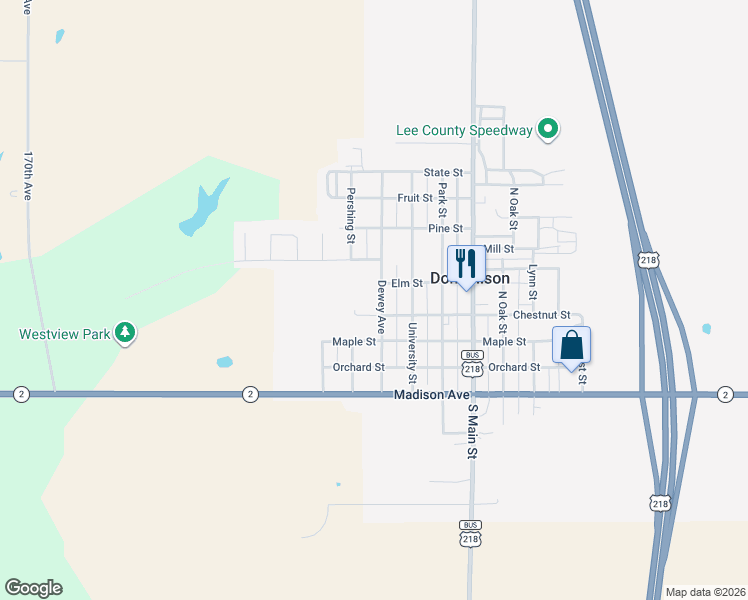 map of restaurants, bars, coffee shops, grocery stores, and more near 420 Dewey Avenue in Donnellson
