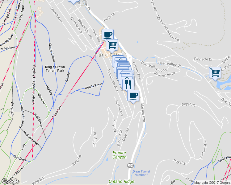 map of restaurants, bars, coffee shops, grocery stores, and more near 335 Woodside Avenue in Park City