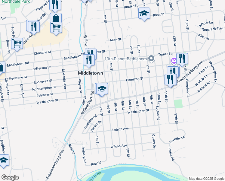 map of restaurants, bars, coffee shops, grocery stores, and more near 1833 4th Street in Bethlehem