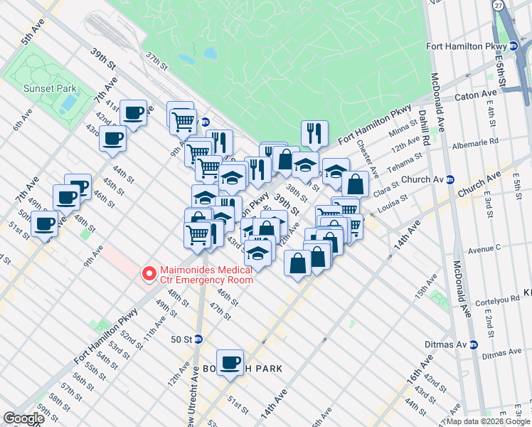 map of restaurants, bars, coffee shops, grocery stores, and more near 1122 40th Street in Brooklyn