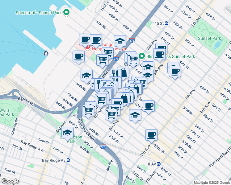 map of restaurants, bars, coffee shops, grocery stores, and more near 5713 4th Avenue in Brooklyn