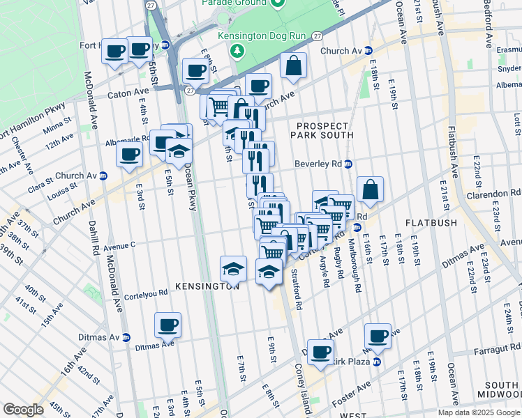map of restaurants, bars, coffee shops, grocery stores, and more near 624 Coney Island Avenue in Brooklyn