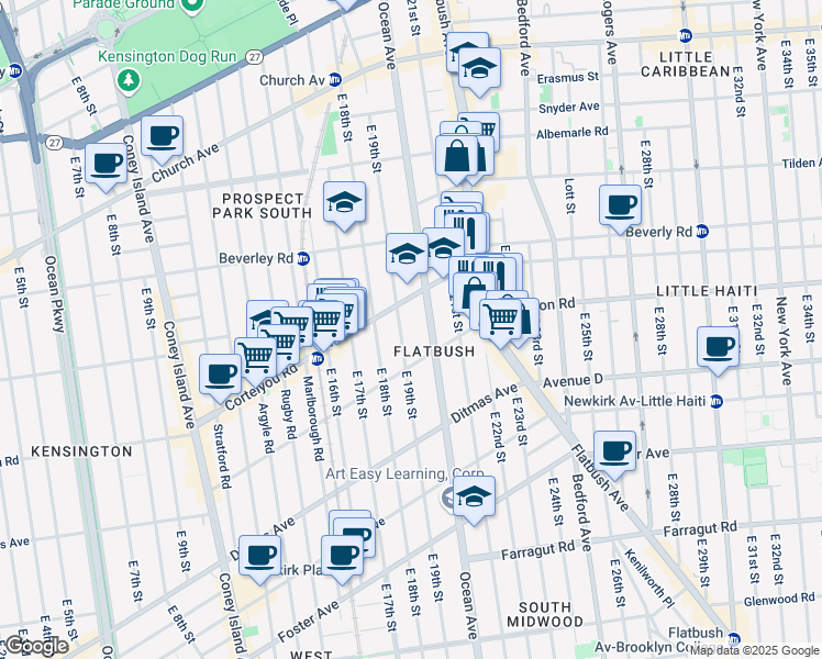 map of restaurants, bars, coffee shops, grocery stores, and more near 327 East 19th Street in Brooklyn