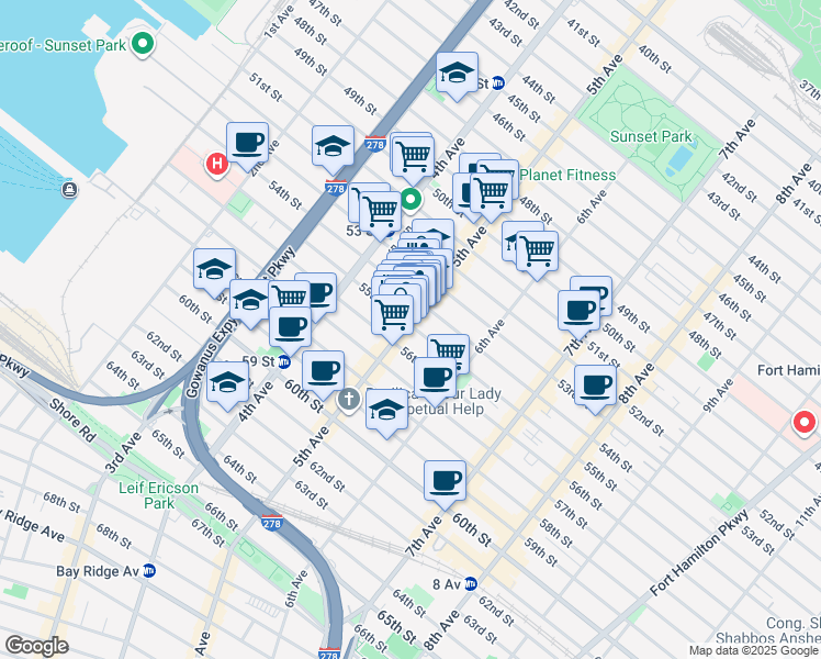 map of restaurants, bars, coffee shops, grocery stores, and more near 5516 5th Avenue in Brooklyn