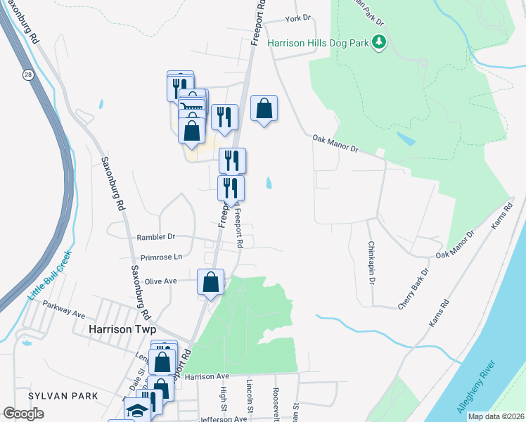 map of restaurants, bars, coffee shops, grocery stores, and more near 3034 Old Freeport Road in Natrona Heights