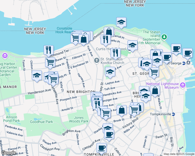 map of restaurants, bars, coffee shops, grocery stores, and more near 175 York Avenue in Staten Island
