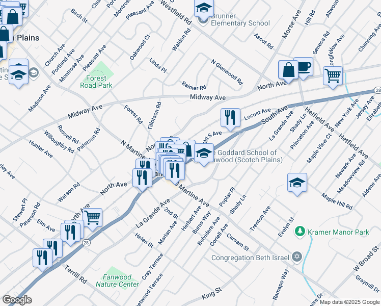 map of restaurants, bars, coffee shops, grocery stores, and more near 313 South Avenue in Fanwood