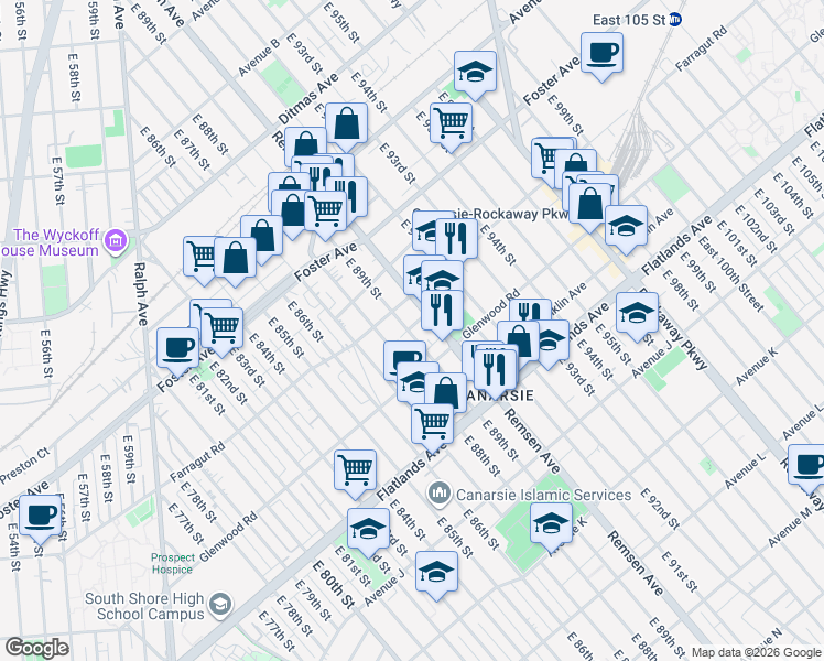 map of restaurants, bars, coffee shops, grocery stores, and more near 629 East 89th Street in Brooklyn