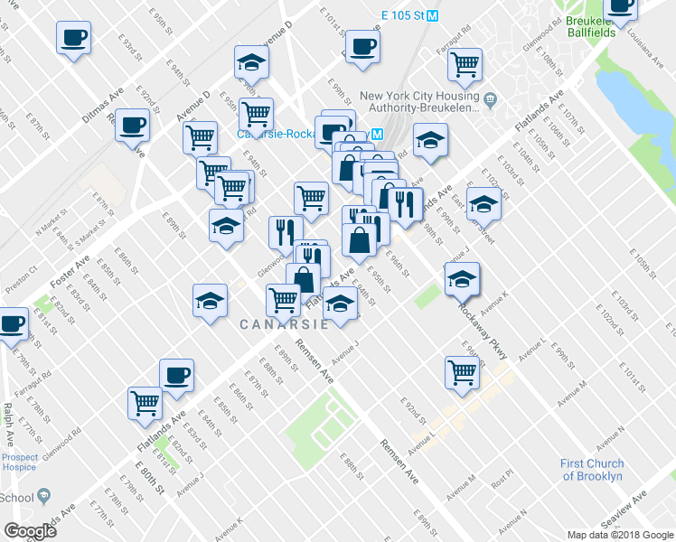 map of restaurants, bars, coffee shops, grocery stores, and more near 1148 East 94th Street in Brooklyn