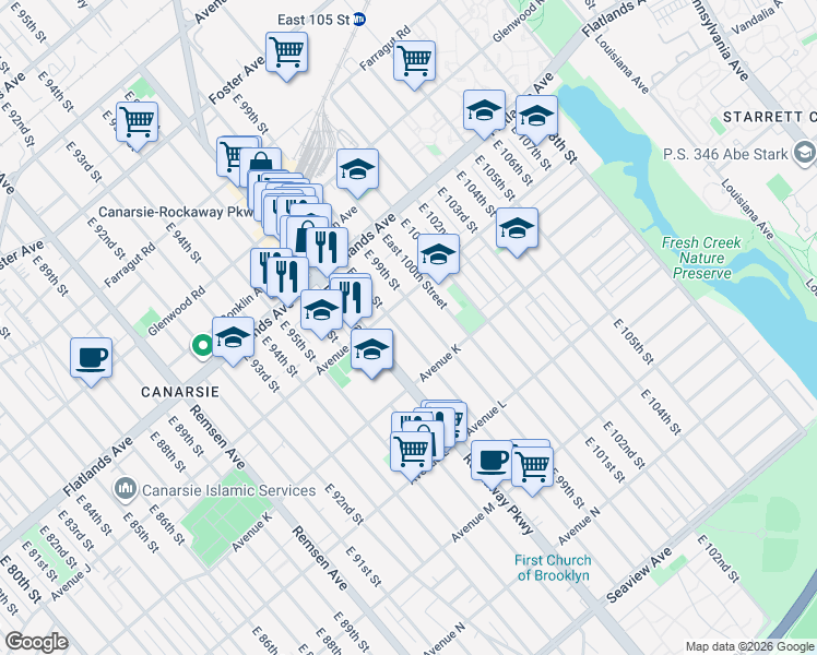 map of restaurants, bars, coffee shops, grocery stores, and more near 1207 East 98th Street in Brooklyn