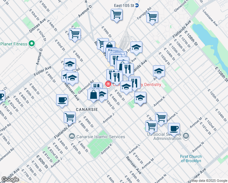 map of restaurants, bars, coffee shops, grocery stores, and more near 9502 Flatlands Avenue in Brooklyn