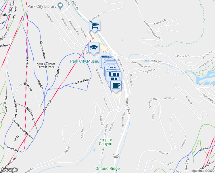 map of restaurants, bars, coffee shops, grocery stores, and more near 325 Park Avenue in Park City