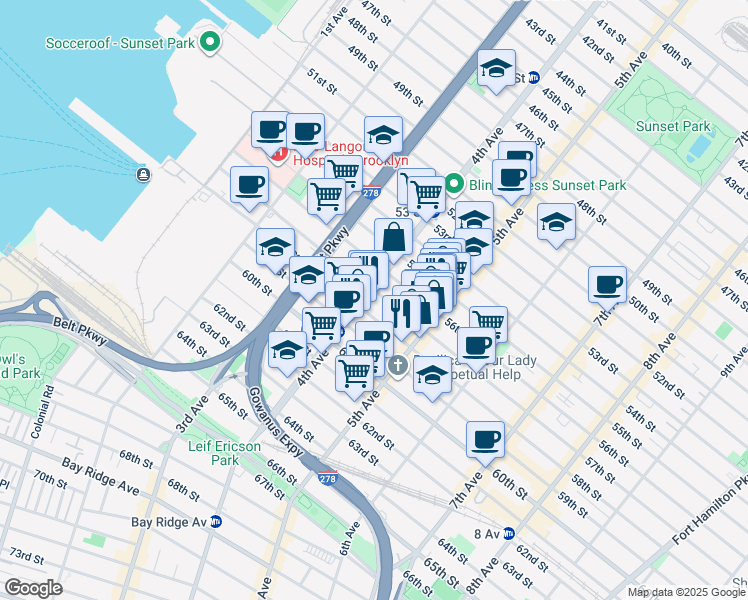 map of restaurants, bars, coffee shops, grocery stores, and more near 5713 4th Avenue in Brooklyn