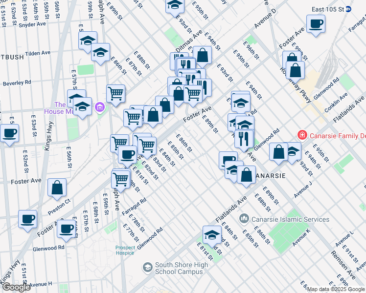 map of restaurants, bars, coffee shops, grocery stores, and more near 538 East 86th Street in Brooklyn