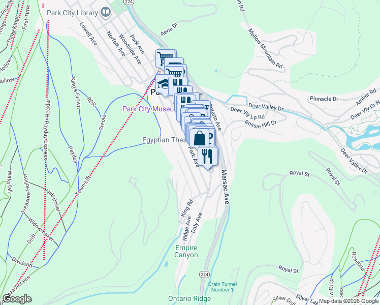 map of restaurants, bars, coffee shops, grocery stores, and more near 325 Park Avenue in Park City