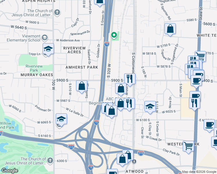 map of restaurants, bars, coffee shops, grocery stores, and more near 381 West 5900 South in Murray