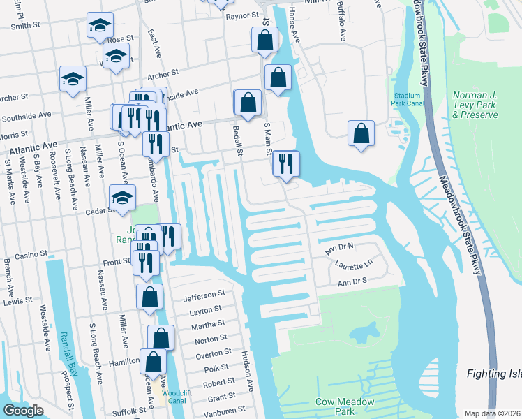 map of restaurants, bars, coffee shops, grocery stores, and more near 325 Bedell Street in Freeport