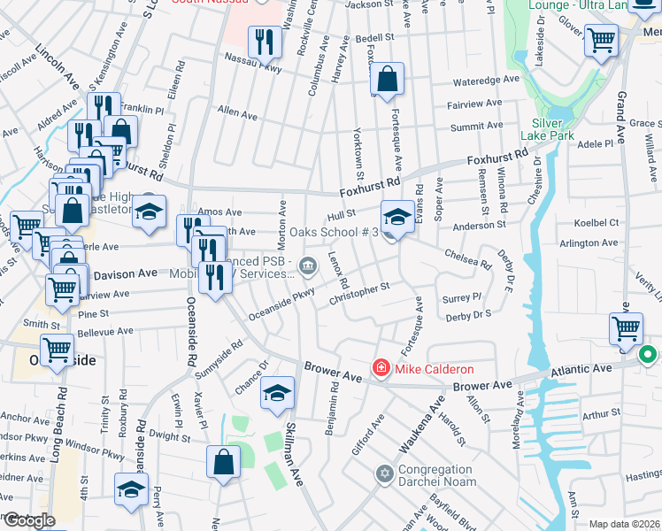 map of restaurants, bars, coffee shops, grocery stores, and more near 2847 Calvin Road in Oceanside